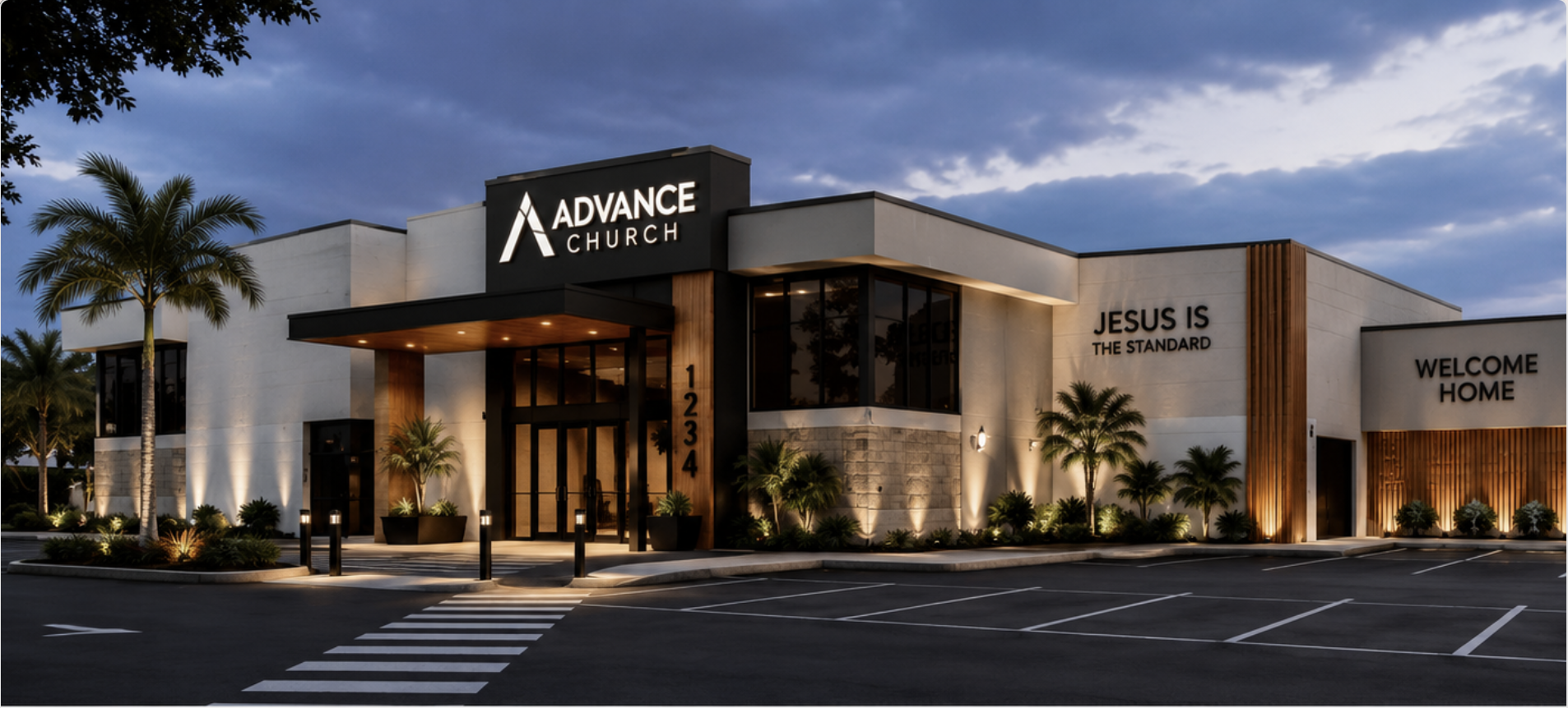 Architectural rendering of the finished church building at night
